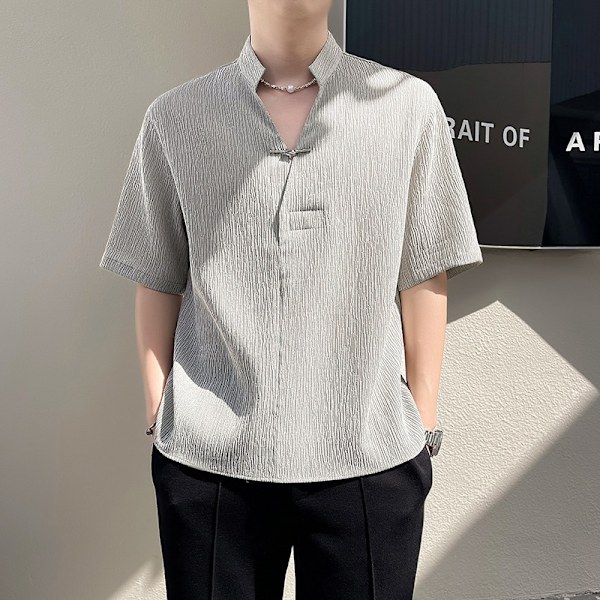 Ny kinesisk stil tunn pullover tröja kort ärm herr sommar tunn mode märken fashion kinesisk stil halv ärm skjorta män grå XXXL