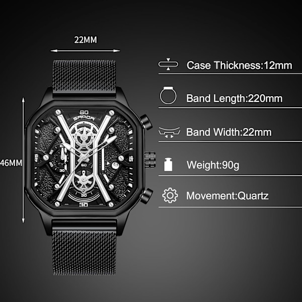 Quartz armbåndsur til mænd business rustfrit stål ur lysende analog armbåndsur multifunktionel chronograph ur mode firkantet ur Sort B Black B