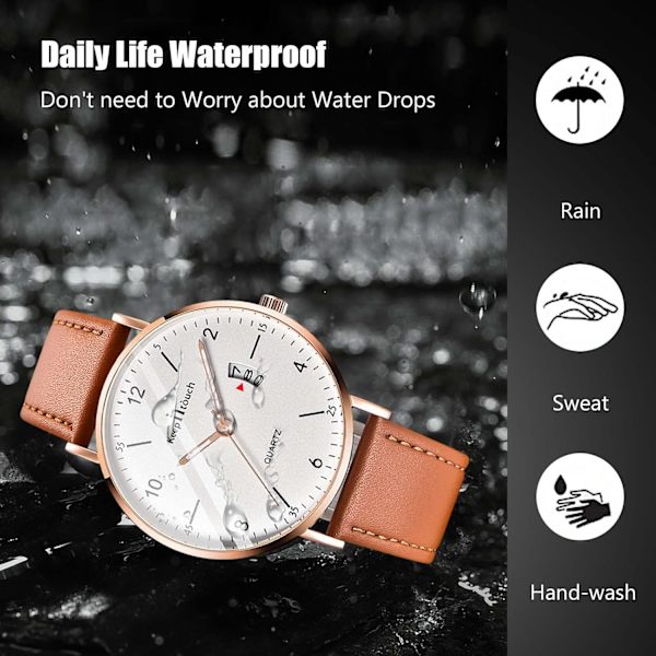 Herrarmbandsur Vattentätt Analog Kvartsur för Män Casual Luminous Watch Enkel Design Armbandsur Datumkalender Klockor, Vit Brun, L