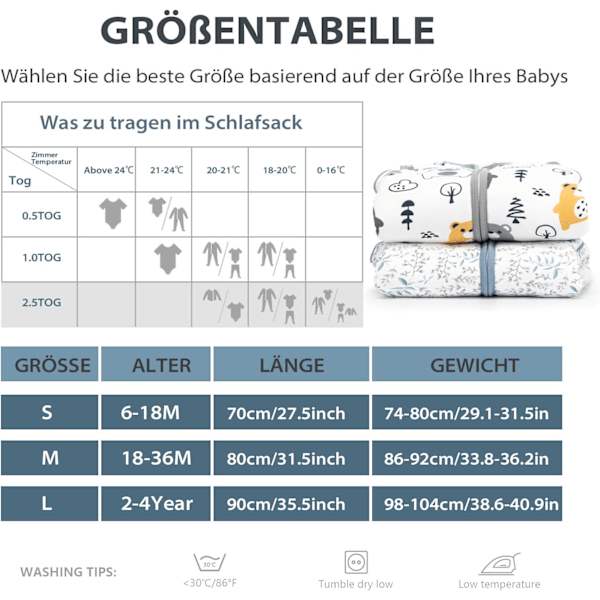 Babysovepose, 2,5 Tog, Økologisk Bomuld | Til Brug Hele Året, Forskellige Størrelser til Småbørn Bear 70 cm (6-18 months)