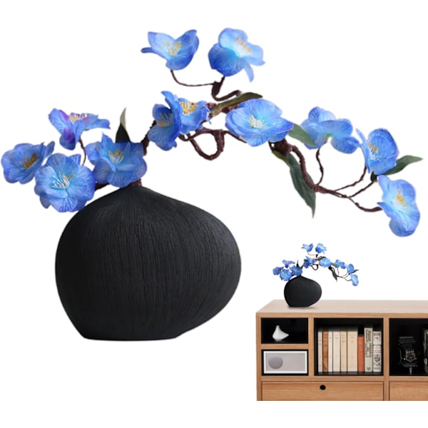Keramisk blomkruka – geometrisk formarrangemang, vit dekorativ kruka för mantel, bokhylla Svart vas + blå körsbärsblommor