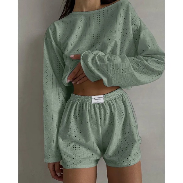 Kvinnors Pyjamas Set Vår Långärmad Toppar Med Shorts Nattkläder 2 Delar Set Lös Rund Hals Pyjamas Feme Gul L
