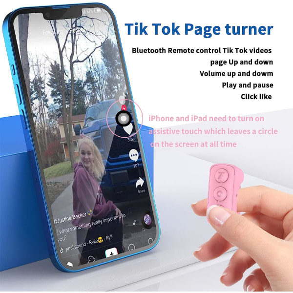 TIK Tok fjernkontroll rulle ring, Bluetooth lukker fjernkontroll for telefonkamera (rosa)