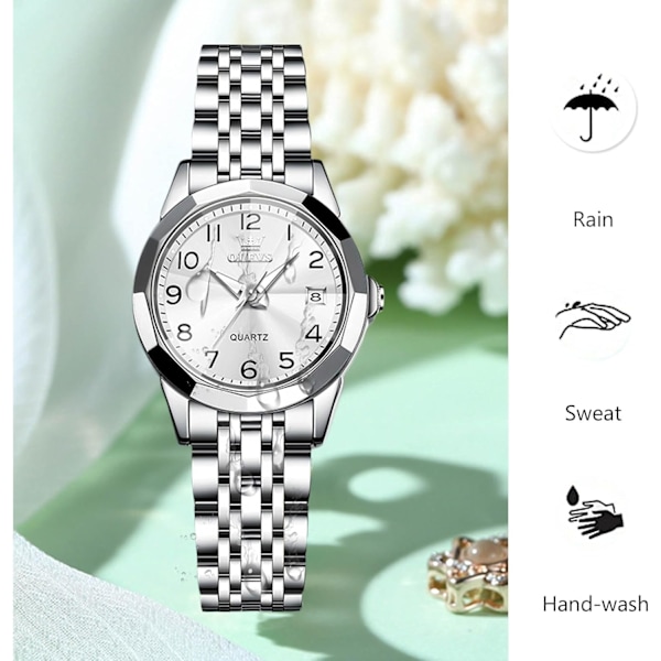 Dames Klassisk Rustfrit Stål Armbåndsur Elegant Analog Kvartsur Kvinder Vandafvisende Ur Lysende Dato Kalender Ur Hvid White