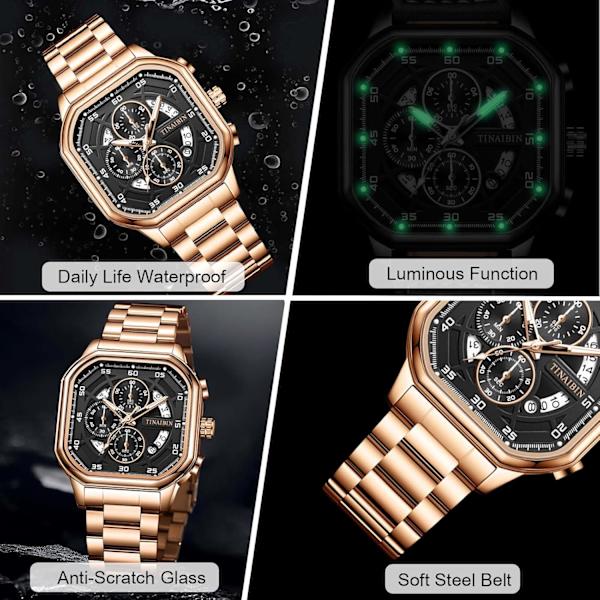 Herreure Fashion Multifunktionelt Armbåndsur Chronograph Lysende Ur Mænd Rustfrit Stål Herreure Kvadratisk Fritidsur Sort B Black B