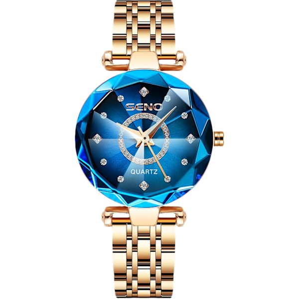 Klokker for kvinner Analogt kvartsur med rustfritt stålreim Vanntette dameklokker Mote Rhinestone armbåndsur for damer jenter Blå Blue