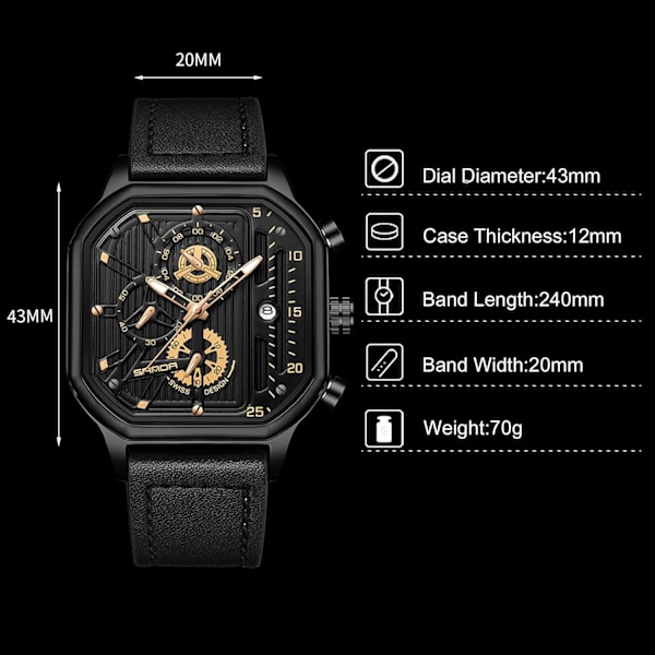 Herrar Kvartsur Klocka Mode Fyrkantig Armbandsur Luminous Analog Klocka Multifunktionell Kronograf Klocka Fritid Rostfritt Stål Herrklocka Guld A Gold A