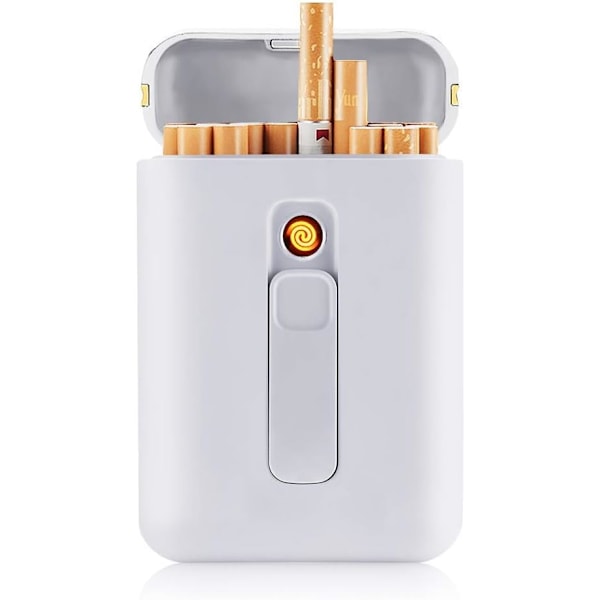 Hvit - Bærbar sigarettbeholder for 20 sigaretter - med vindtett sigarettlighter, USB oppladbar