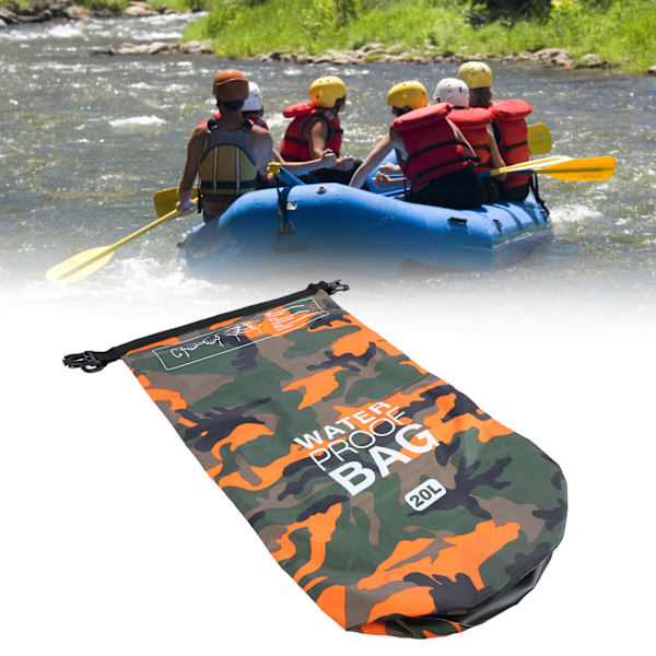 Vanntett tørrsekk i polyester PVC, lett sammenleggbar, bærbar rulltopp tørrsekk for svømming, oransje kamuflasje, 20L