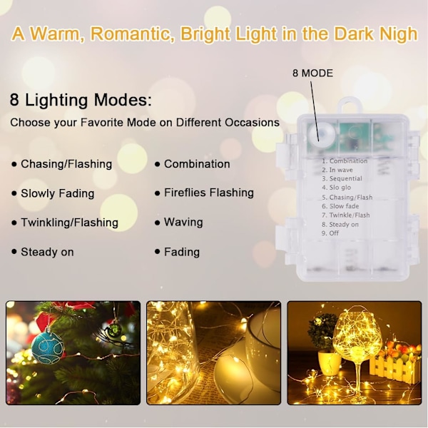 Batteridrevne Feelykter, 10m 100 LED Varmt Hvit, 8 Moduser for Julepynt 1 pc