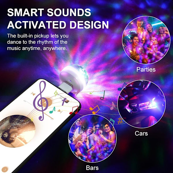 Mini Disco Lys, 3 stk Hvid USB Kugle Lys, 4 Farver Bærbar Strobe Lys med 9 Adaptere, LED Bil Atmosfære Lys til Julefester DJ Bil Interiør