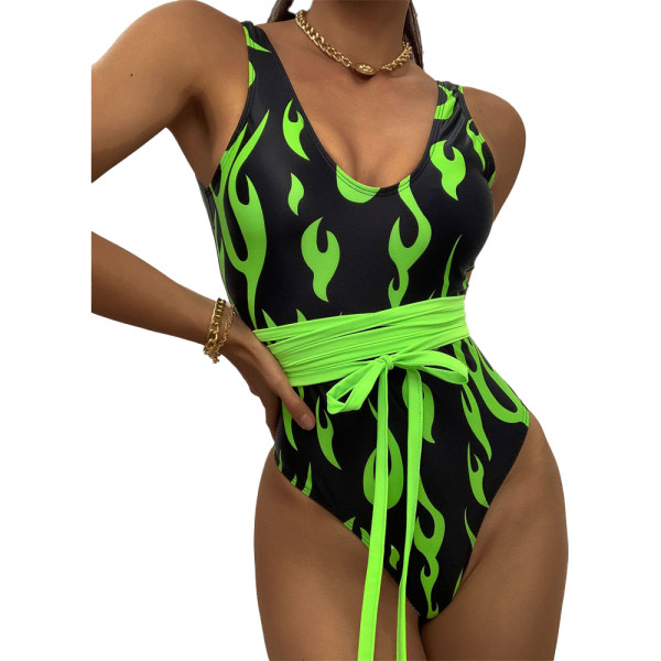 CQBB Dam One Piece Flame Print High Cut Body Baddräkt Bikini Green L