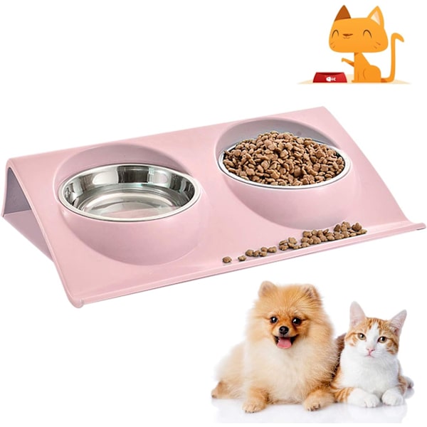 Foderskål för katt, dubbel matskål för katt, kattskål i rostfritt stål, halkfri, matskålar för kattmat, rostfritt stål katter skålset, foderskål för katt