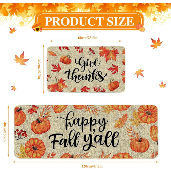 Recitem Vaskbare Efterårs Køkkenmåtter, Skridsikker \"Happy Fall Y'all\" Løbermåtte Sæt, 2 Dele til Køkken & Stue (Stil 10) Style 10