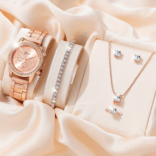 6st/sæt Rose Golden Elektronisk Quartz Ur Armbånd Øreringe Halskæde Legering Strass Smykker Rose Gold3