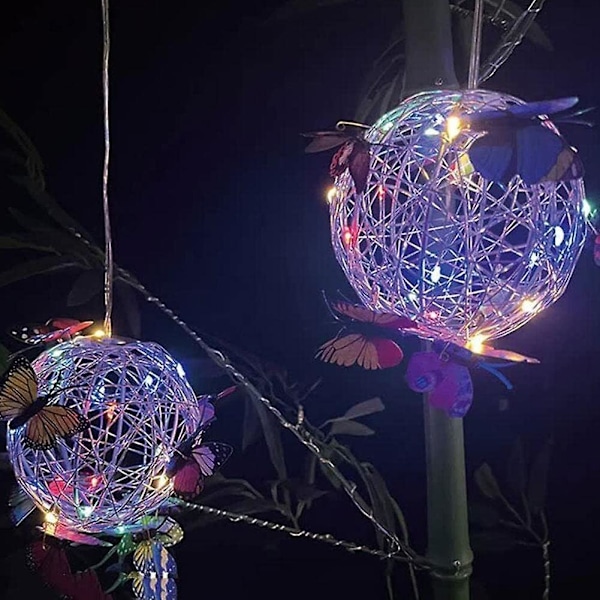 Ulkoilma aurinkopaneelilamput, värikkäät puutarhavalot perhosilla, riippuva pyöreä pallolamppu, vedenkestävä punottu lamppu koristeelliset yövalot (ZYH) Multicolor