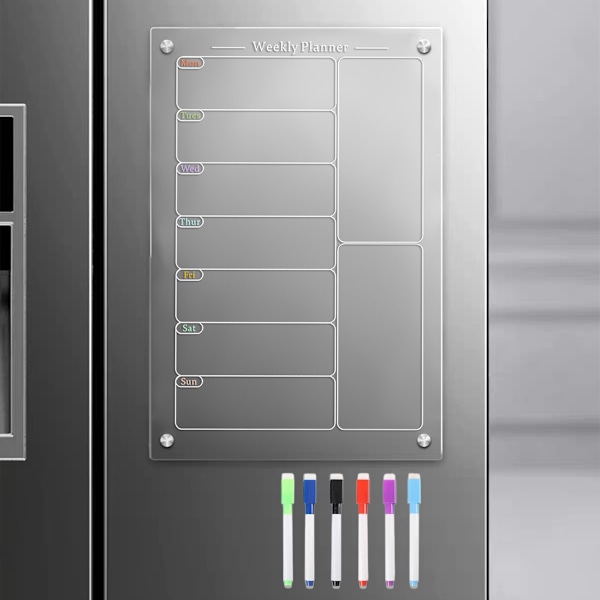 Akryl magnetisk menuplan for køkken, akryl ugekalender til køleskab, akryl whiteboard til køleskab med 6 magnetiske viskelæsbare