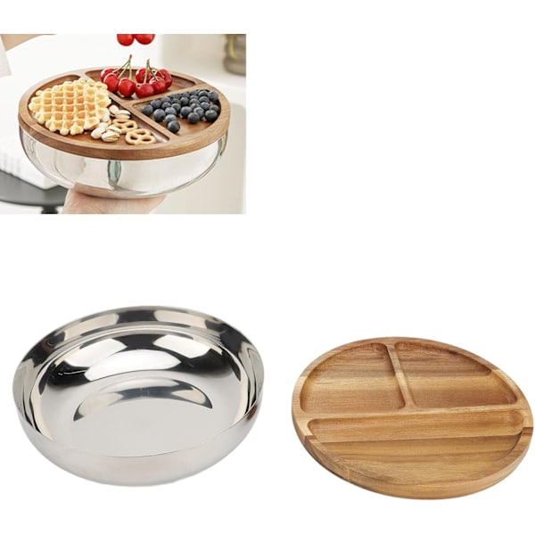 Blandningsskål i rostfritt stål, djup salladsblandningsskål, serveringsskål med trälock, matförvaring, salladsskål för kök, matlagning, bakning