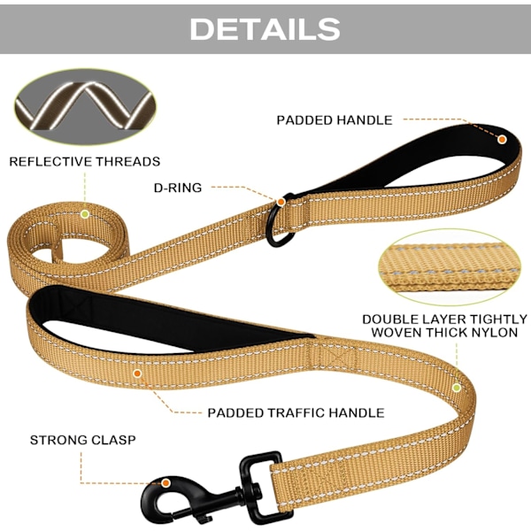 Solid Hundeleie med Dobbelt Håndtak, Refleks for Trafikkontroll, 1,5 Meter, Khaki Khaki 5 ft 2 Handle