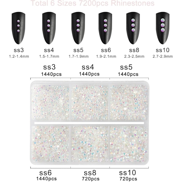 7200 stk Flatback Rhinestones for Håndverk, Transparent, Blandet 6 Størrelser med Voksblyantsett, SS3-SS10 Transparent AB 6 Sizes/7200pcs