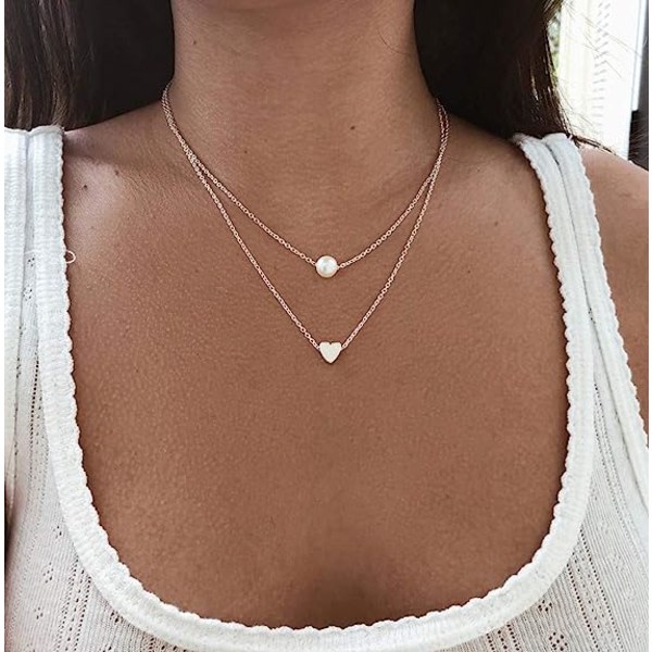 (Silver) Multilayer Heart Pendant Pearl Necklace Chain
