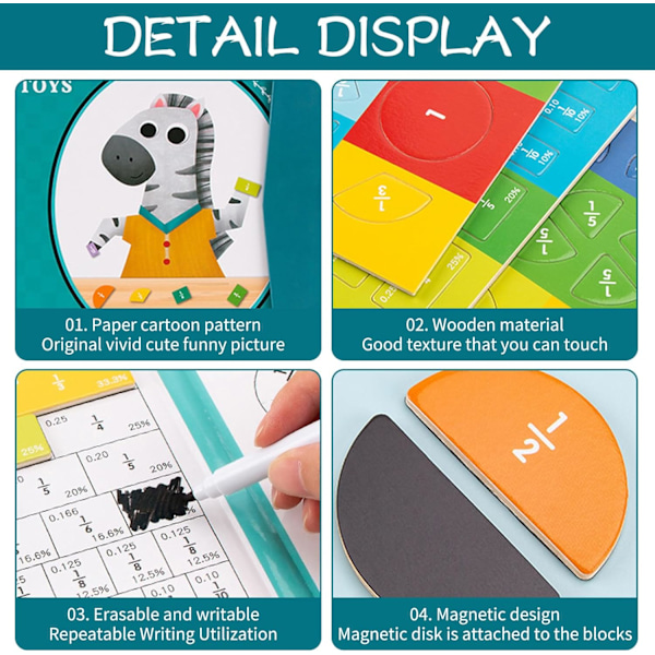 Montessori Matematikk Primær 102 Stykker Magnetiske Brøkfliser Magnetiske Puslespill Brøk Trening Utdanningsleker Egnet for Førskole Utdanningsleker Zebra
