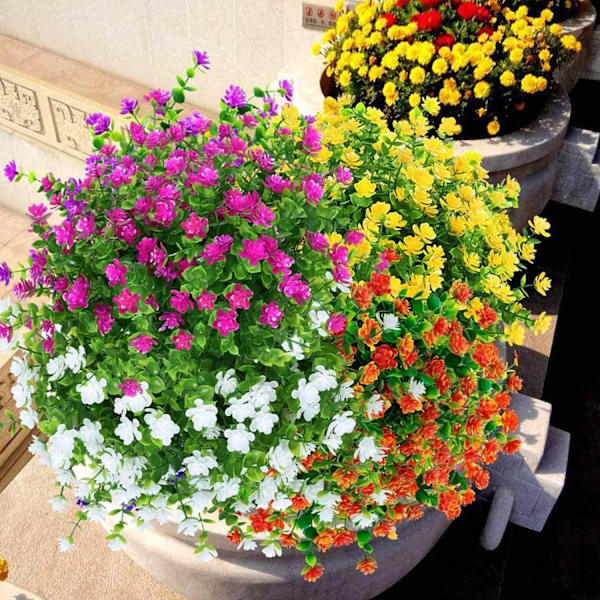 5 st konstgjorda blommor för utomhusdekoration vår sommardekoration UV-resistent plast gröna buskar hem trädgårdsinredning vit 4 5 st