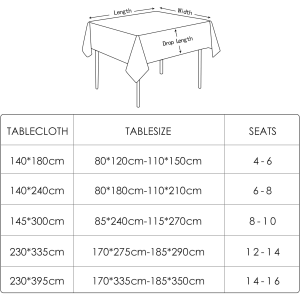 CQBB Rektangulära bordsdukar Dukar Vattentät fläckbeständig duk Elegant lättskött för inomhus-, utomhusdekoration 140*240cm