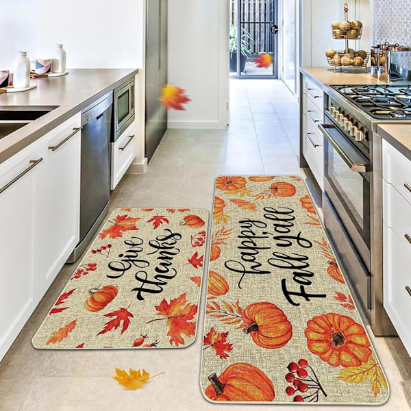 Recitem Vaskbare Efterårs Køkkenmåtter, Skridsikker \"Happy Fall Y'all\" Løbermåtte Sæt, 2 Dele til Køkken & Stue (Stil 10) Style 10