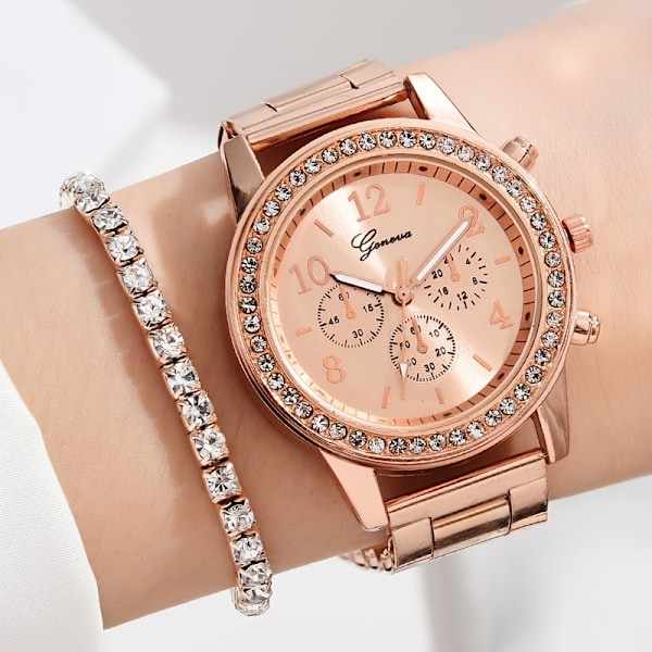 6st/ set Rose Golden Elektronisk Quartz Watch Armband Örhängen Halsband Legering Strasssmycken Rose Gold3