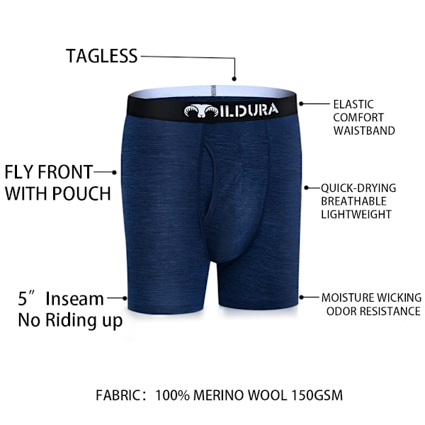 100% Merinould Boxer Briefs Mænd Merinould Undertøj Base Layer Merino Boxer Briefs Underbukser Blød Fugt Åndbar 3 Pakke - Navy L