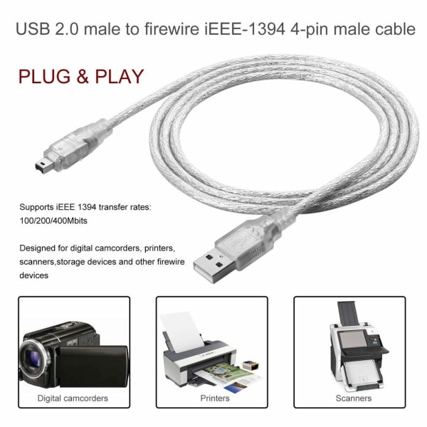 Hane till hane 4-stift IEEE 1394 till USB konverteringskabel för DV digitalkameror, videokameror