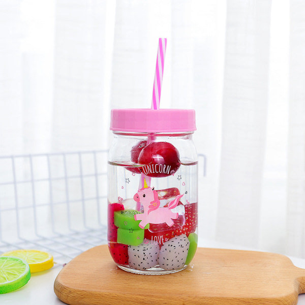 Barnvattendricksflaska söt för barn Glass Creative med sugrör borosilikat Rosa 480ml