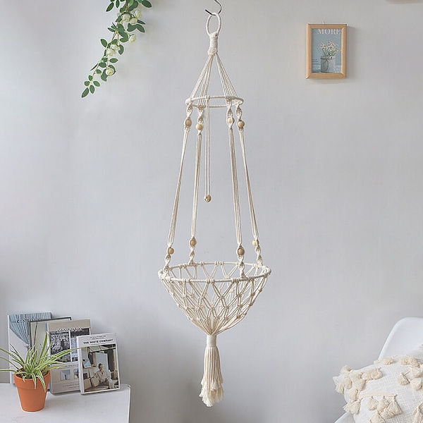 Macramé katthängmatta i trä och vävt bomullsrep för upphängning (30*100cm)