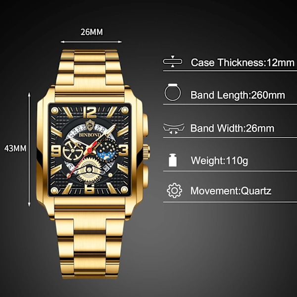 Rektangulære Herreur Fashion Analog Kvarts Armbåndsur Mænd Business Vandafvisende Ure Lysende Rustfrit Stål Armbånd Til Mænd Guld Sort B Gold Black B