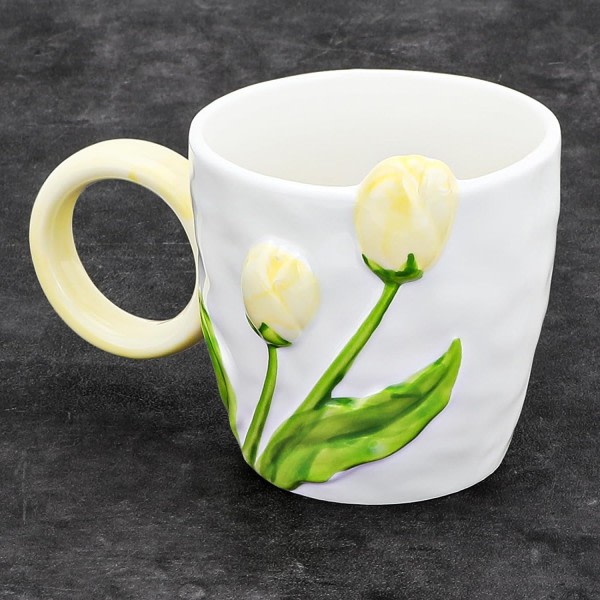 CQBB 15,2 oz 3D blomma kaffemugg Tulpan keramikkopp, söta handgjorda muggar, julfödelsedagsöverraskning för vänner Familj eller blomsterälskare (gul)