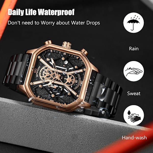 Herrar Business Rostfritt Stål Klocka Luminous Analog Armbandsur Multifunktionell Chronograph Klocka Mode Kvadratisk Klocka Svart Guld C Black gold C