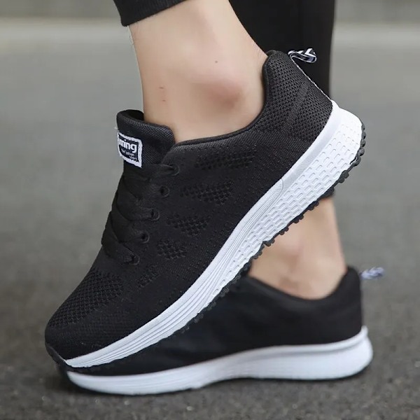 Kvinner Casual Sko Mote Pustende Turgåing Mesh Plattsko Sneakers Hvit Kvinnelige Skodor A08Black 41