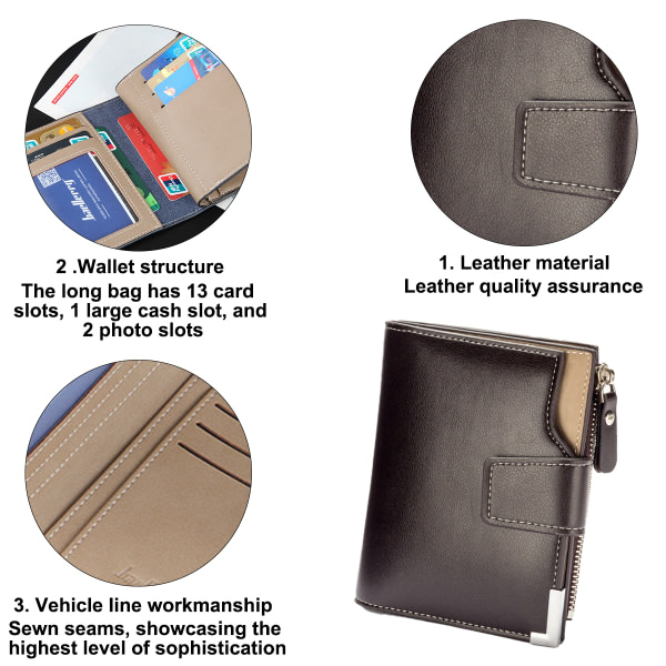 CQBB Herrplånbok med dragkedja i läder med dragkedja runt handväskan Bifold ID kaffe