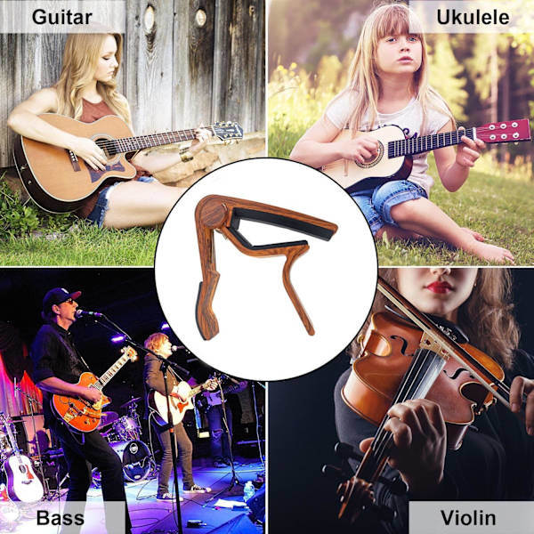 Gitarr Capo, Legeringsgitarr Capo för 6-strängad Folk-, Elgitarr och Akustisk Gitarr, Ukulele, Träfärg.—max