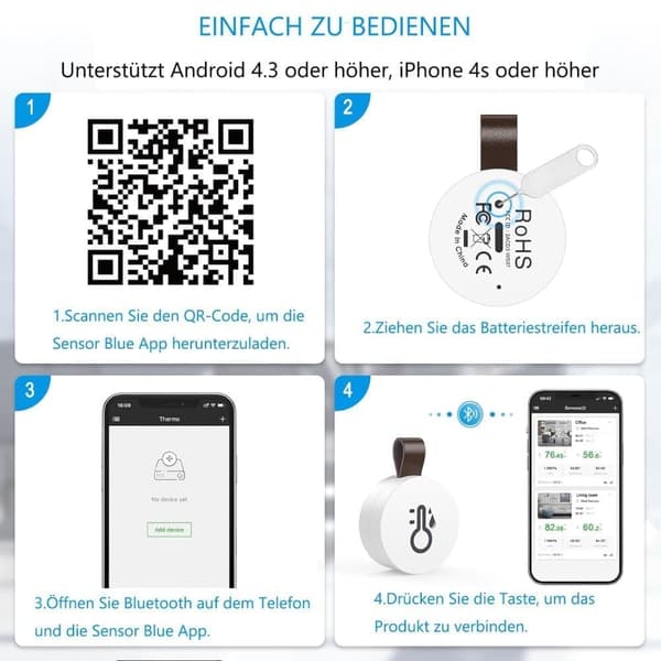 Lollanda Bluetooth Termometer & Hygrometer med Datalagring / Trådløs termometer og hygrometer med App og Datavisning 3-st