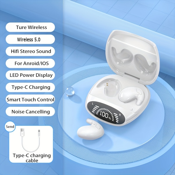 Ultratunna trådlösa sovhörlurar, trådlösa superstandby-hörlurar, on-ear Sports Invisible Subwoofer-hörlurar för IOS, IPhone, Android Game Low White