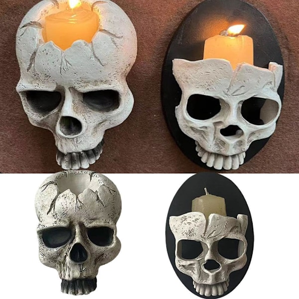 Skallelysstake, Gotisk TeLysholder, Halloween Borddekor, Halv Skalle Half skull