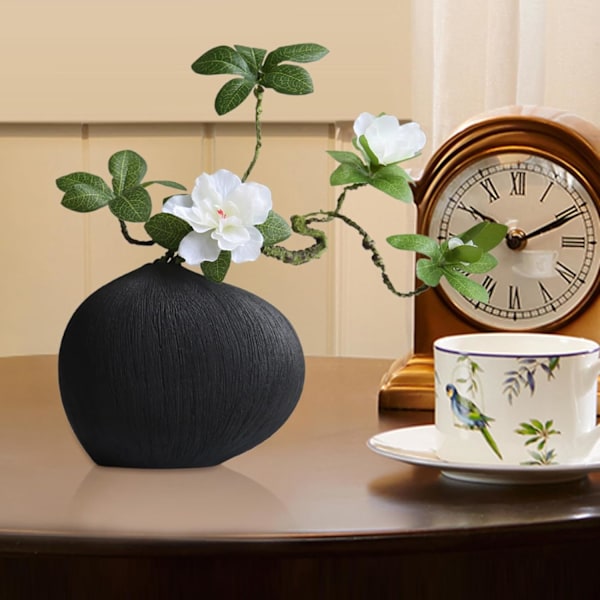 Keramisk blomkruka – geometrisk formarrangemang, vit dekorativ kruka för mantel, bokhylla Svart vas + vit fenix och azalea