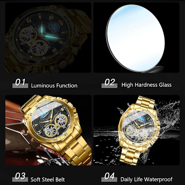 Herrar Kvarts Armbandsur Fritids Rostfritt Stål Klockor Mode Analog Klocka Luminous Datum Kalender Herrklocka Guld Röd Golden red