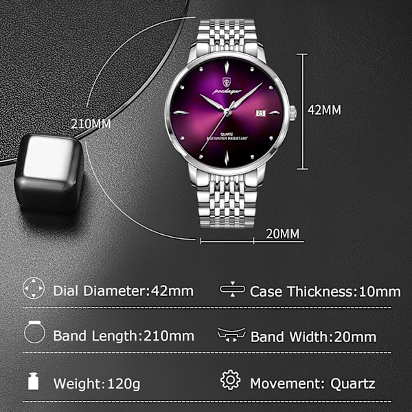 Herrar Analog Kvartsur Klocka Minimalistisk Kalender Armbandsur för Män, Lila, L, Kvartsur