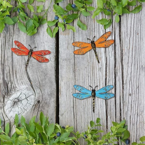 CQBB Metallslända väggdekor utomhus trädgård staket konst, hängande dekorationer, 3d Dragonfly Set med Vibran