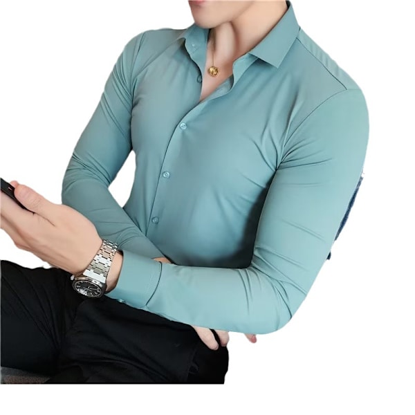 Mäns Tröja Lång Ärm Sommar Slim Fit Stretch Business 2023 Nya Mäns Kostym Skjorta Blue Long Sleeved M