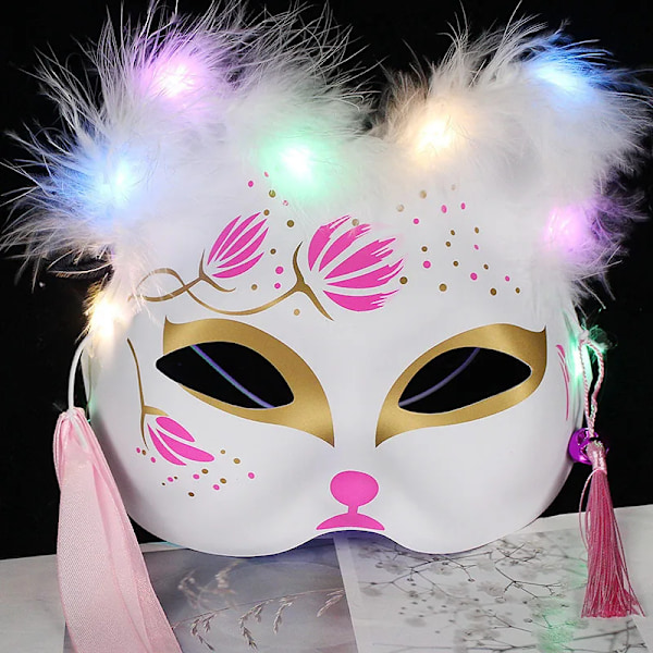 Valaiseva LED-kettumask Japani Cosplay Välkkyvät hiilet Tumma silmämaski Rave-asu Anime Puoli kasvot Kissa Maskit naamiaiset Juhlatarvikkeet 4