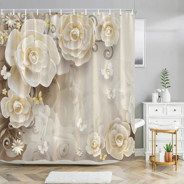 Elegantti ja tyylikäs fantasiahelmi- ja timantti-kimppu 3D-tyyli suihkuverho ja kylpymattosetti Koti kylpyhuoneen sisustus 3145SD -verho W180xH180cm